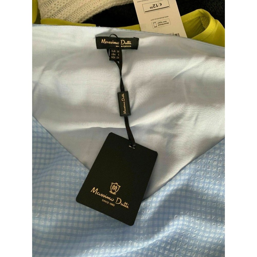 Massimo Dutti Gingham Lace Panel Bishop Sleeve Blouse Light Blue Size 10 / 38 - Picture 7 of 7